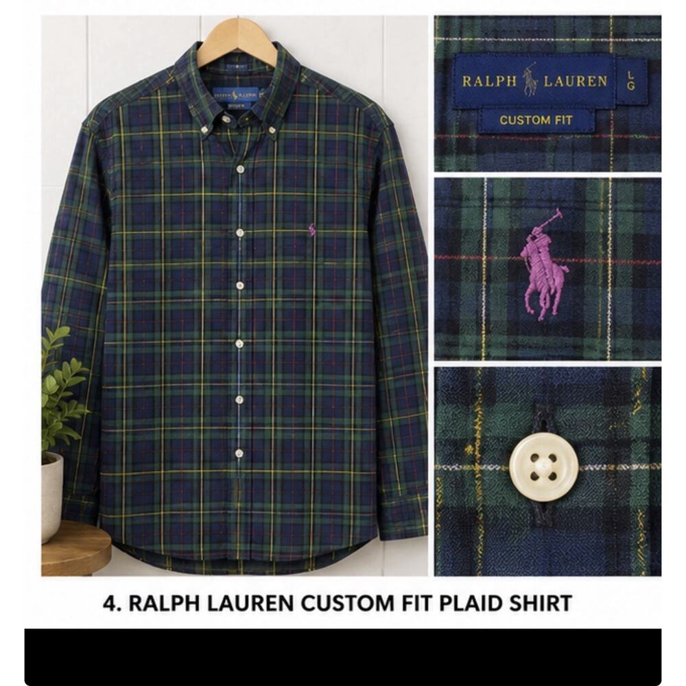Ralph Lauren Custom Fit Plaid Shirt Green Blue Mens Large Button Up